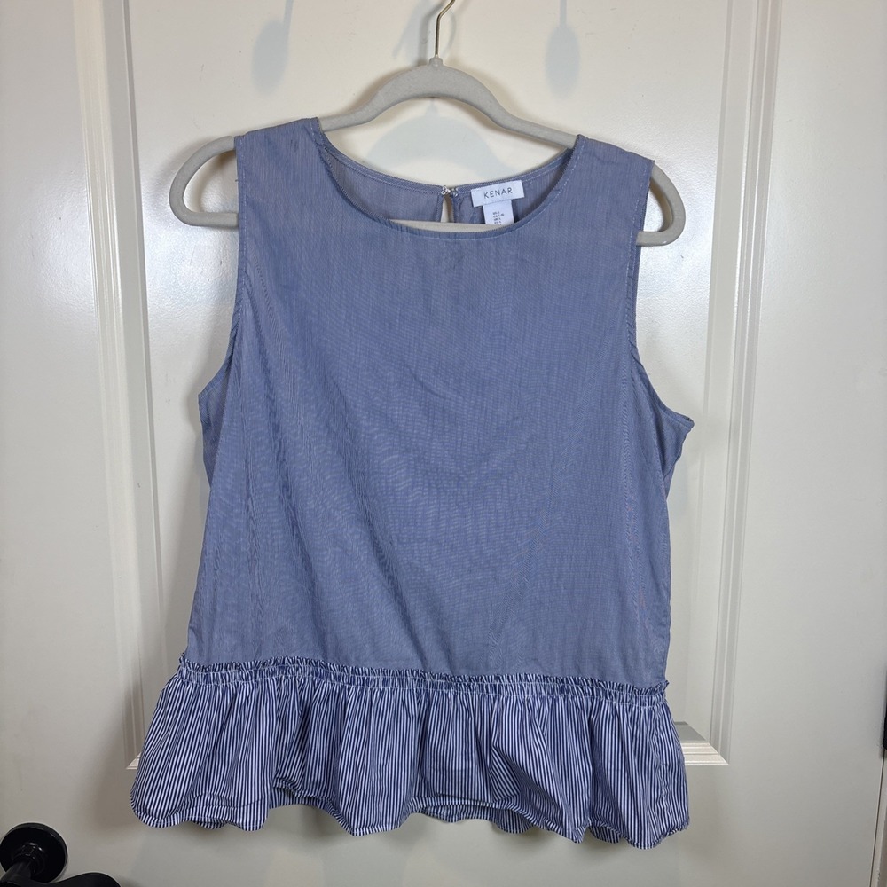 KENAR Top Blue Striped Nautical Coastal‎ Gypsy Bohemian Women Large Peplum Shirt